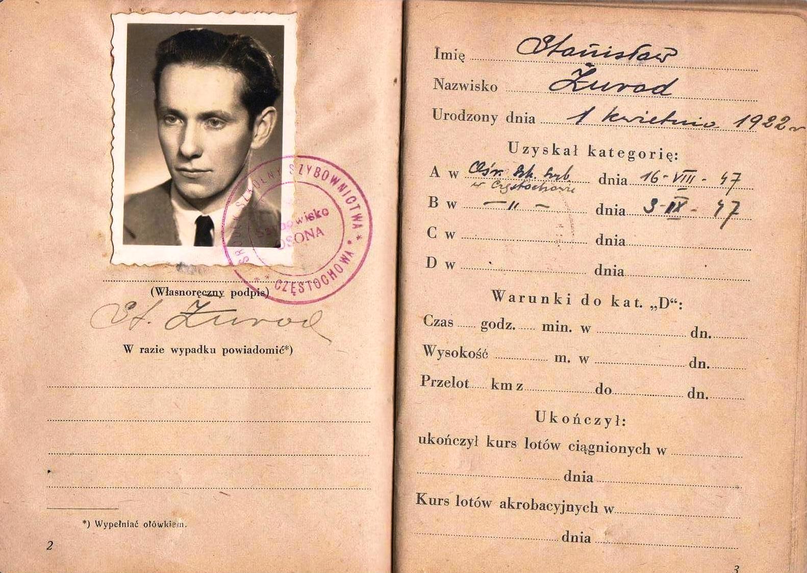 S. Żurada - książka lotów pilota szybowcowego - 1947 r.