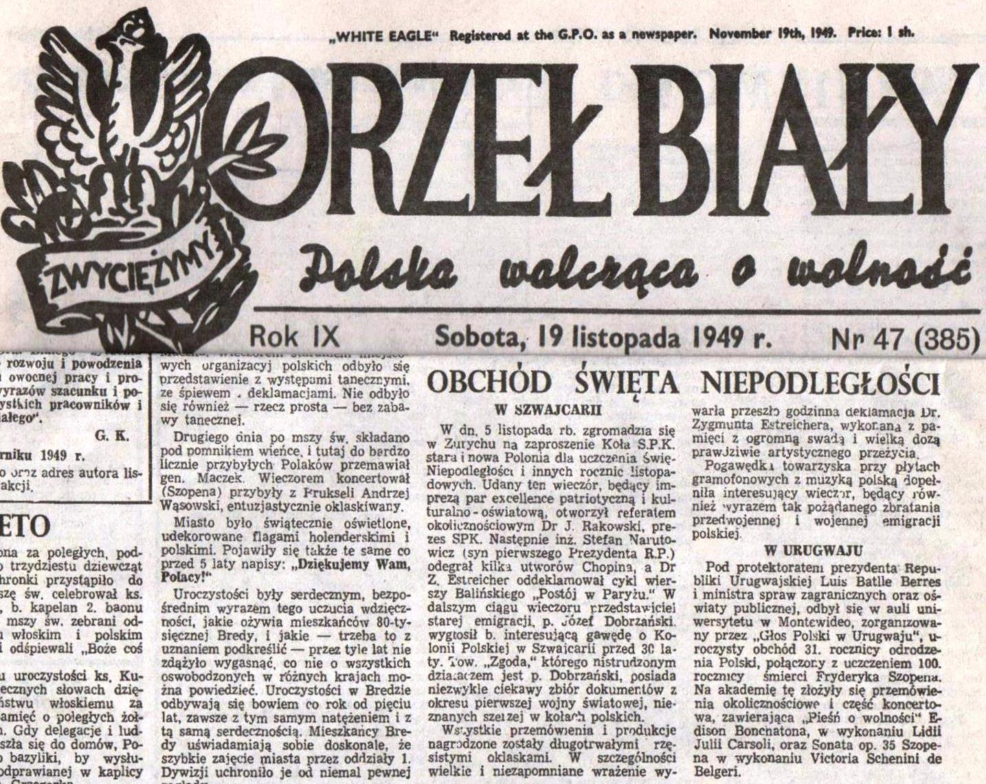 Artykuł z czasopisma Orzeł Biały listopad 1949 r.